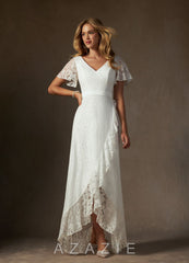 Azazie Lanei Wedding Dress Diamond White A-Line V-Neck Lace Dress