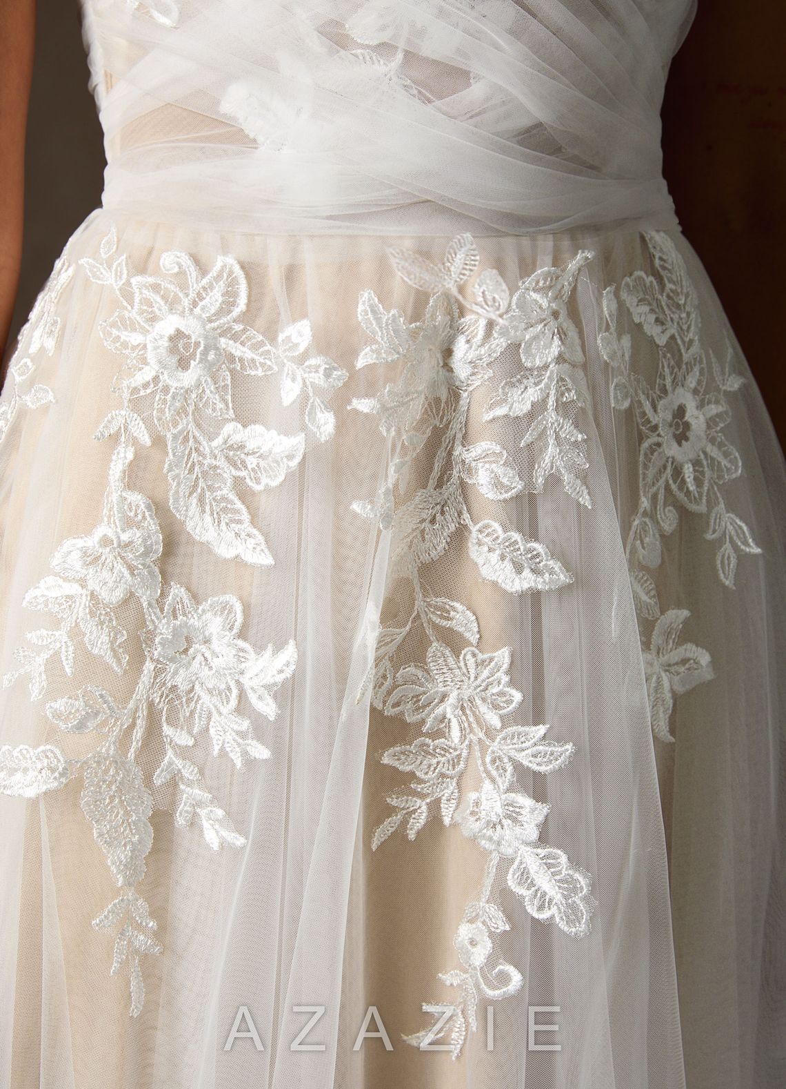 Azazie Cindy Wedding Dress Diamond White Champagne A-Line Illusion Off-The-Shouler Lace Tulle Dress diamond_white/champagne