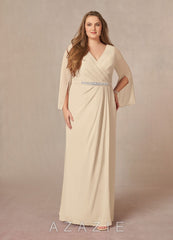 Azazie Belinda Champagne A-Line V-Neck Pleated Chiffon Dress champagne