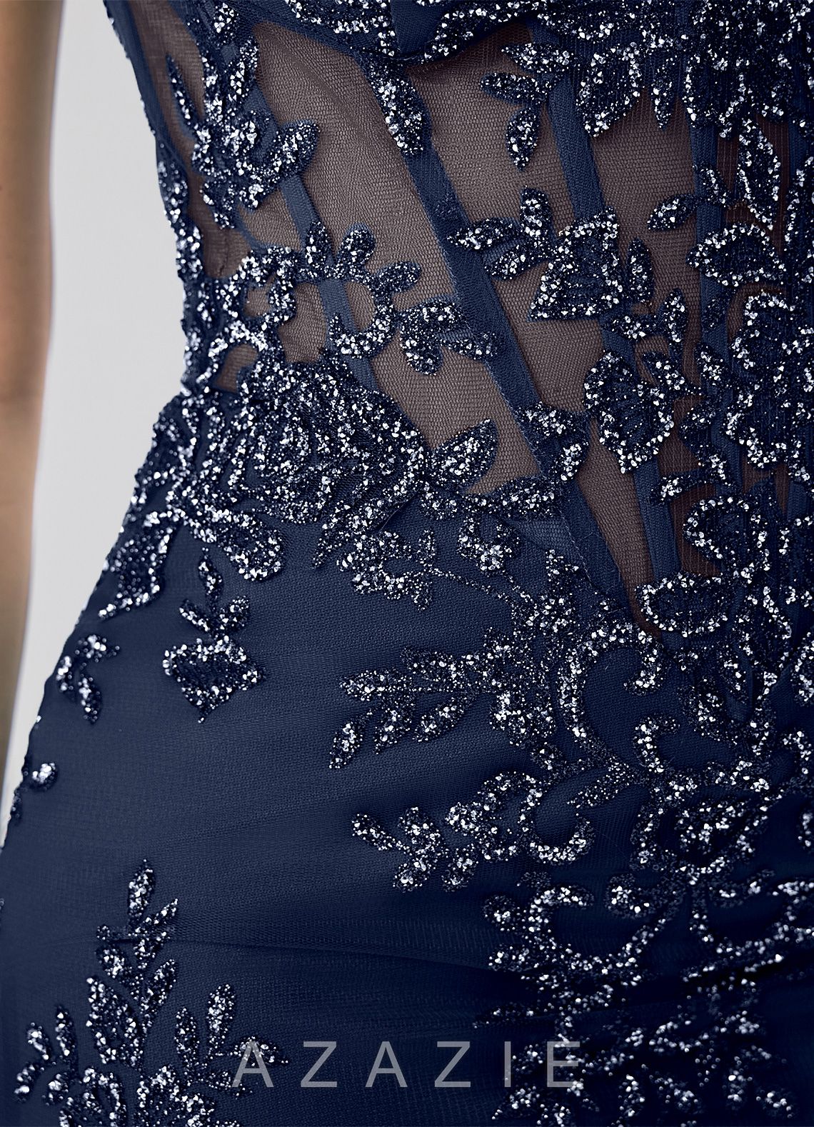 Yafrein Navy Rhinestone Sequins Tulle Placement Print Corset Mini Dress