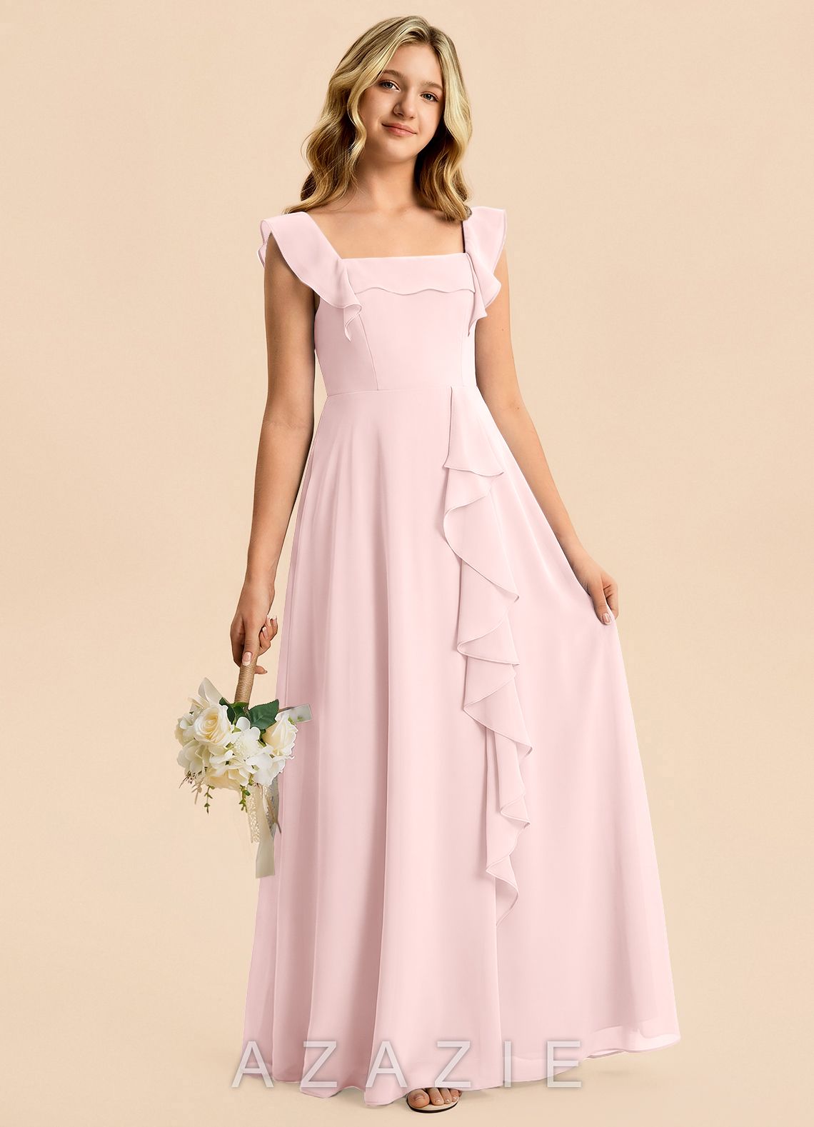 Azazie Nori Junior Blushing Pink A-Line Ruched Chiffon Dress blushing_pink