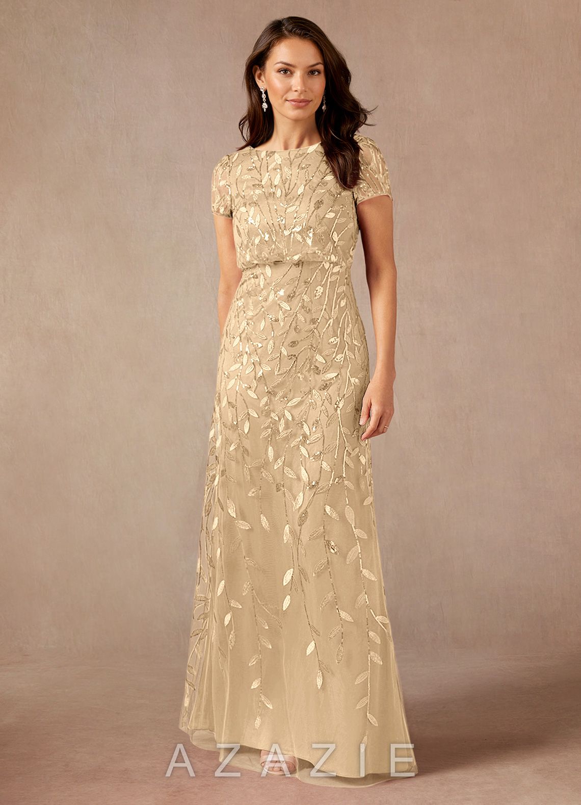 Azazie Lehi Champagne A-Line Sequins Dress