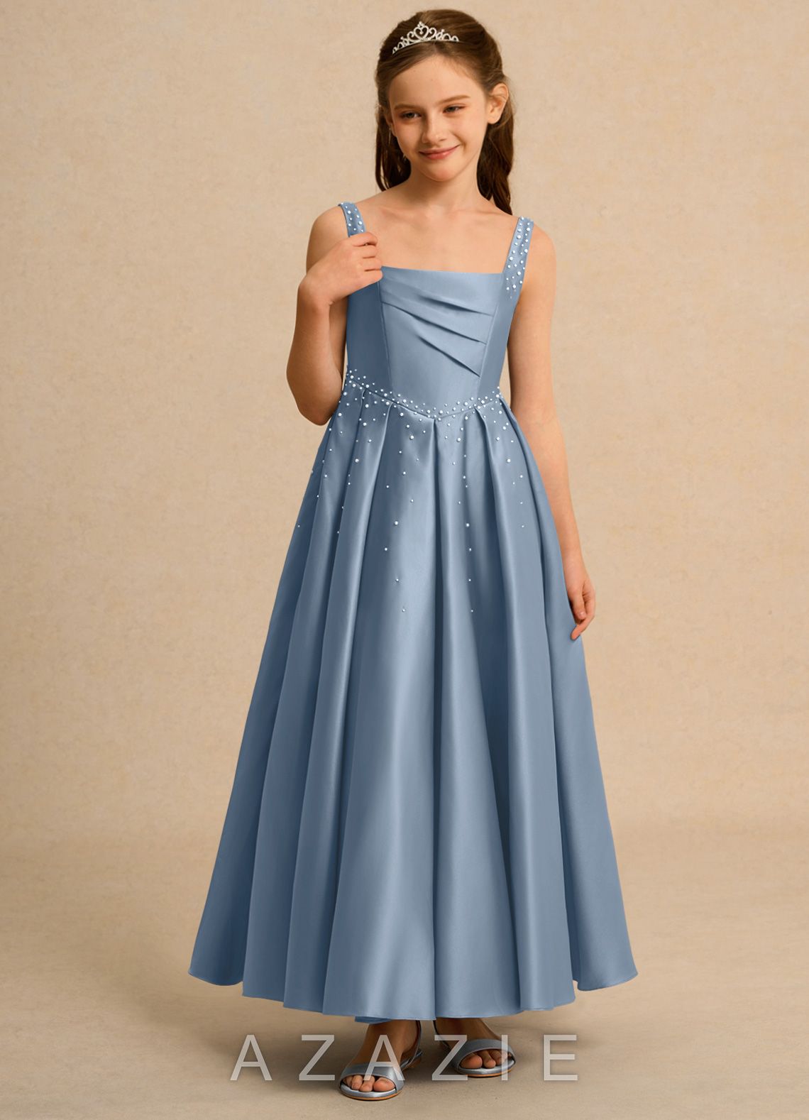 Azazie Mochi Girls Formal Dusty Blue Ball-Gown Pleated Matte Satin Dress dusty_blue