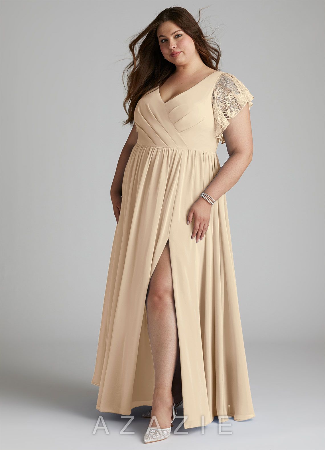 Azazie Zella Champagne A-Line Lace Chiffon Dress champagne