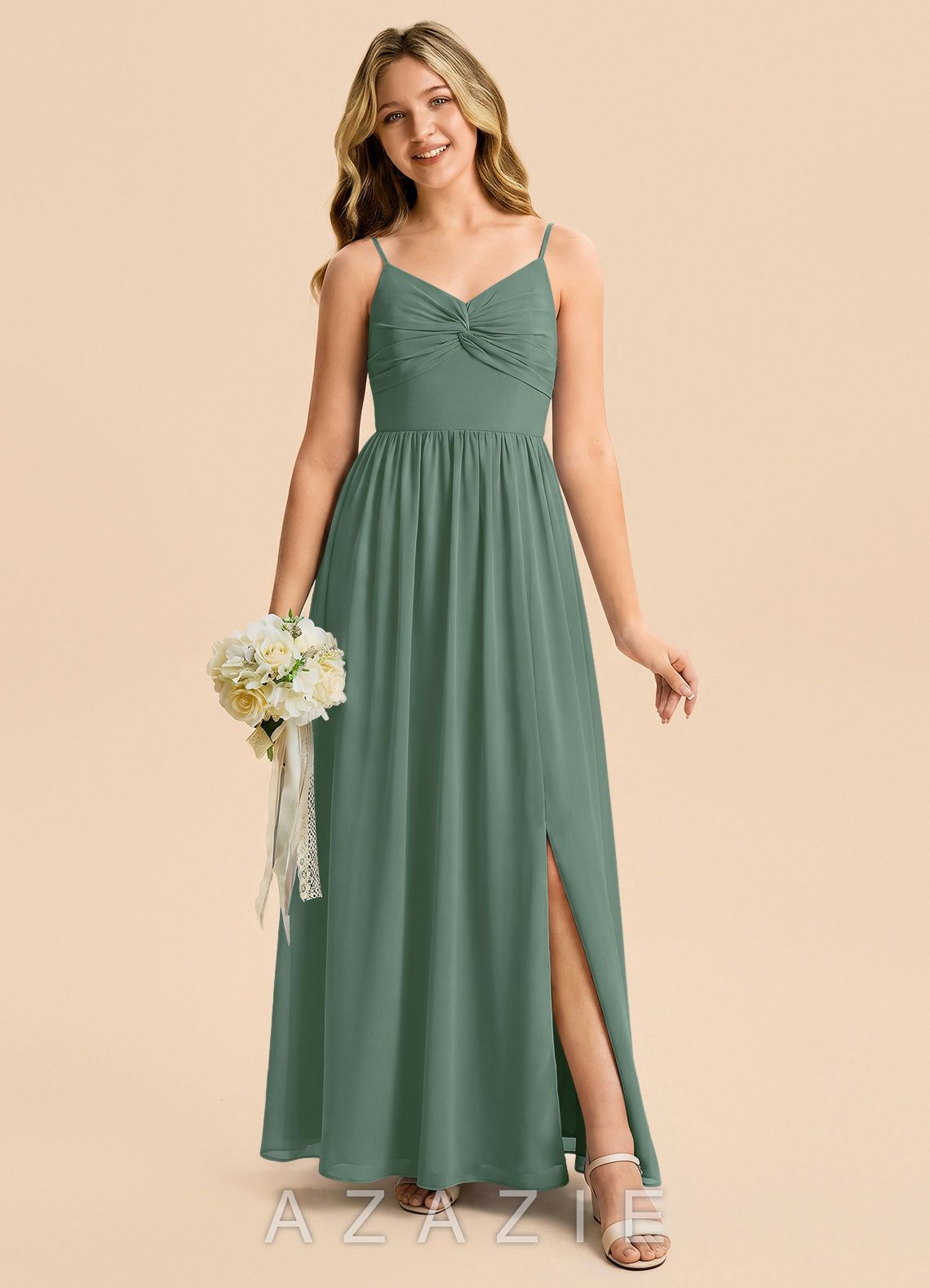 Azazie Zeya Junior Eucalyptus A-Line Chiffon Dress eucalyptus