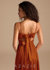 Azazie Zeya Auburn A-Line Pleated Metallic Satin Dress auburn