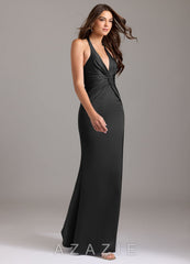 Azazie Valerie Black Mermaid Pleated Stretch Satin Dress black