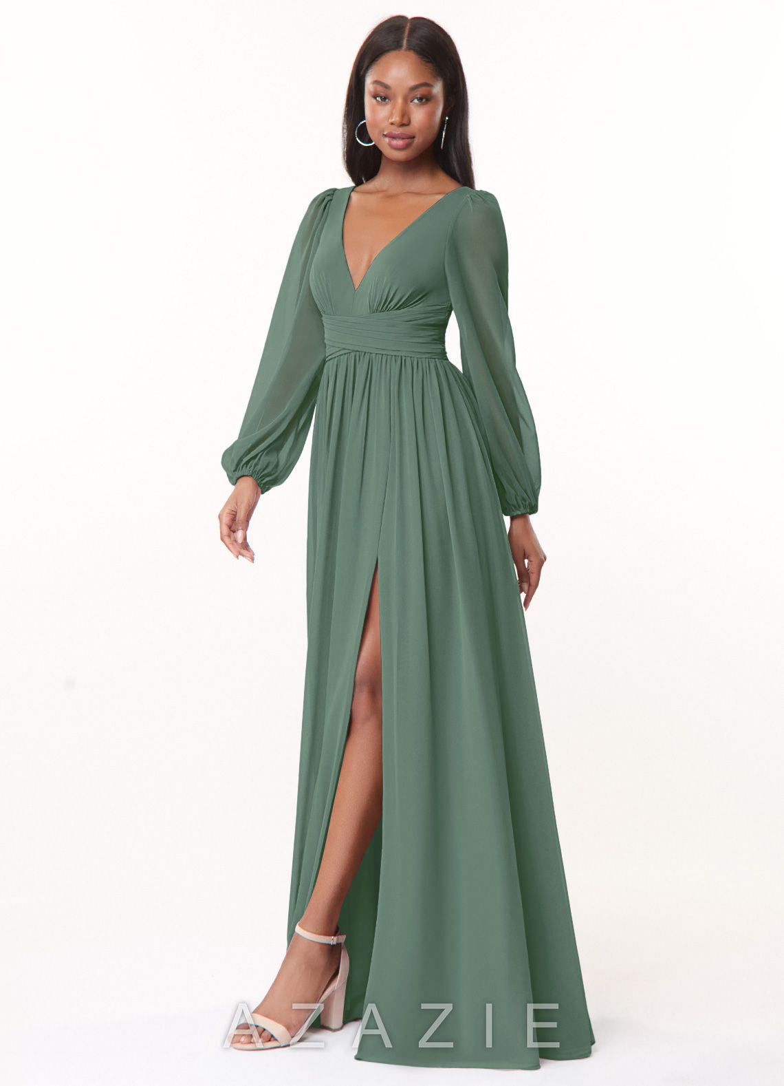Azazie Norah Eucalyptus A-Line V-Neck Long Sleeve Chiffon Dress eucalyptus