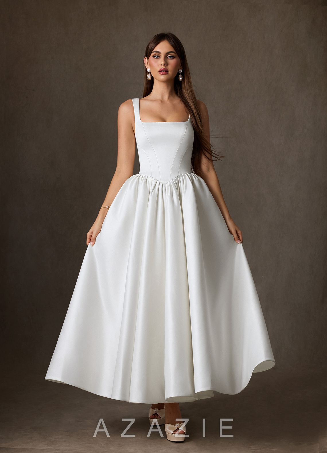 Azazie Verina Diamond White A-Line with Pockets Satin Dress