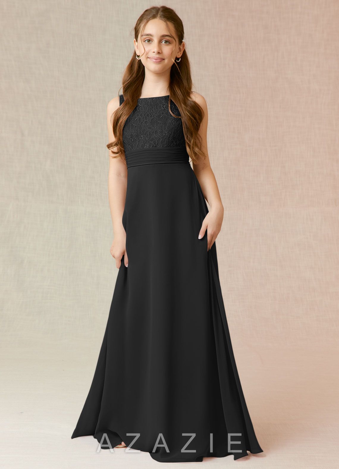 Azazie Snow Junior Black A-Line Lace Chiffon Dress