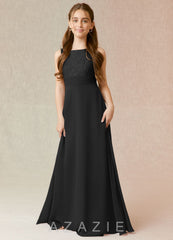 Azazie Snow Junior Black A-Line Lace Chiffon Dress