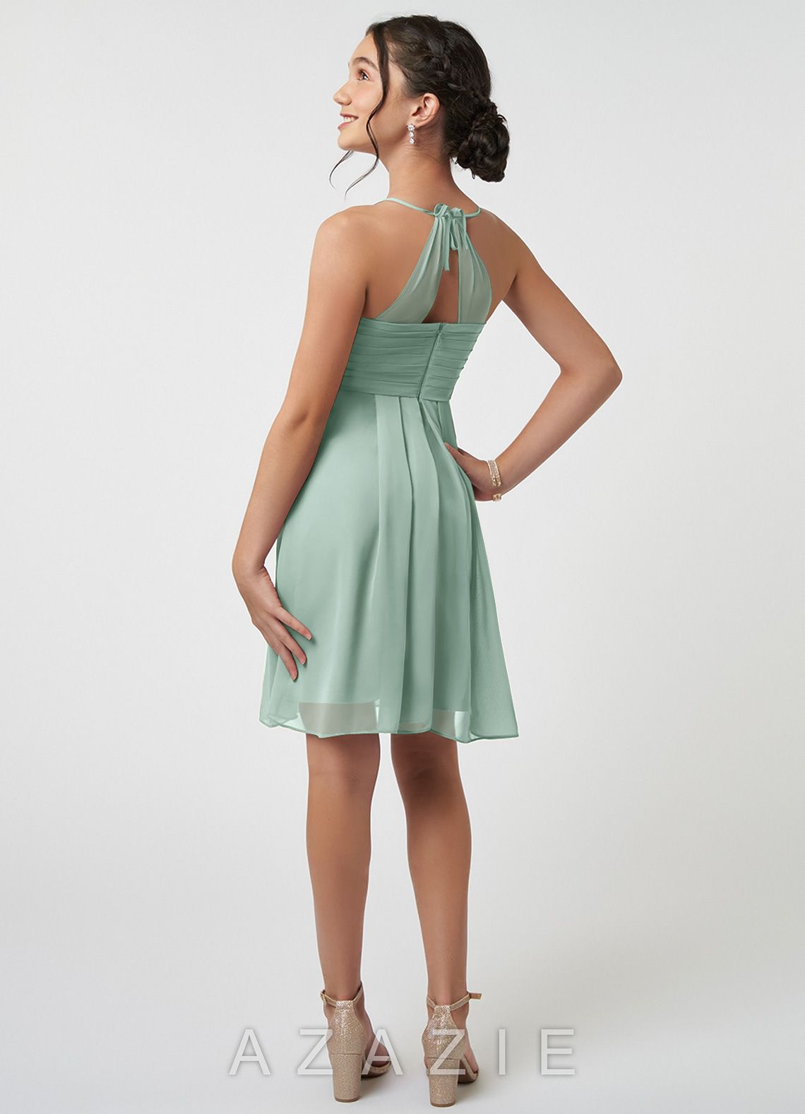 Azazie Ginny Junior Agave A-Line Pleated Chiffon Dress agave