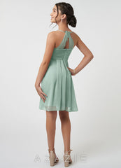 Azazie Ginny Junior Agave A-Line Pleated Chiffon Dress agave