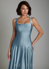Azazie Reina Dusty Blue A-Line Pleated Stretch Satin Dress dusty_blue