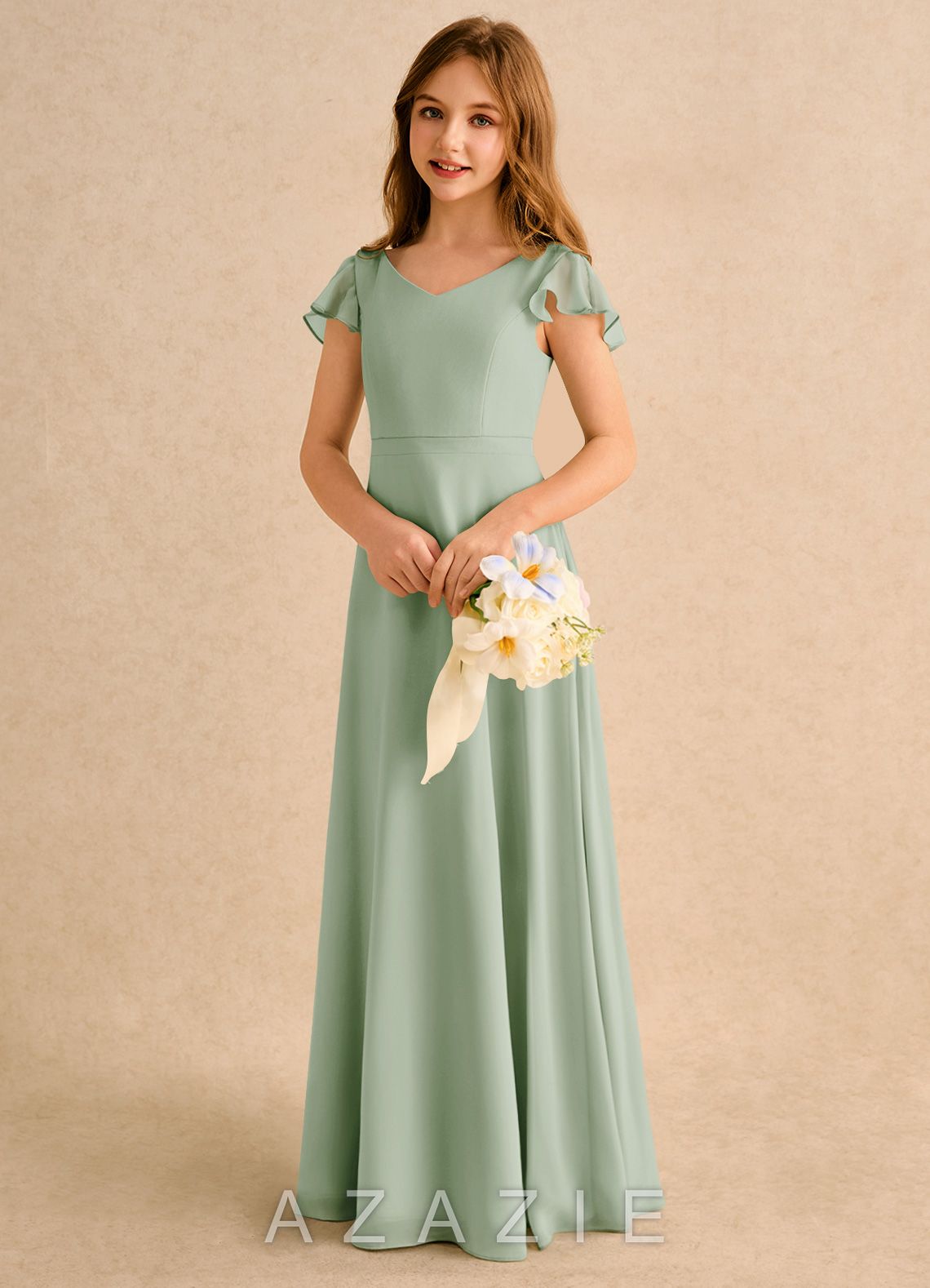 Azazie Nari Girls Formal Dusty Sage A-Line with Sleeves Chiffon Dress dusty_sage