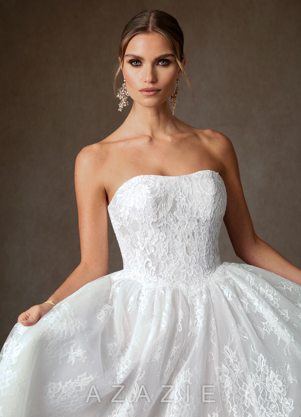 Azazie Justice Diamond White Ball-Gown Off the Shoulder Lace Dress