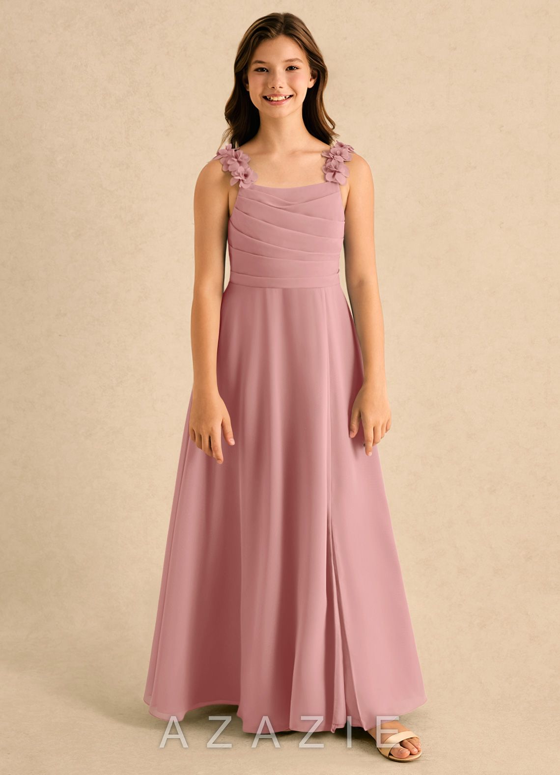 Azazie Masie Girls Formal Dusty Rose A-Line Pleated Chiffon Dress dusty_rose