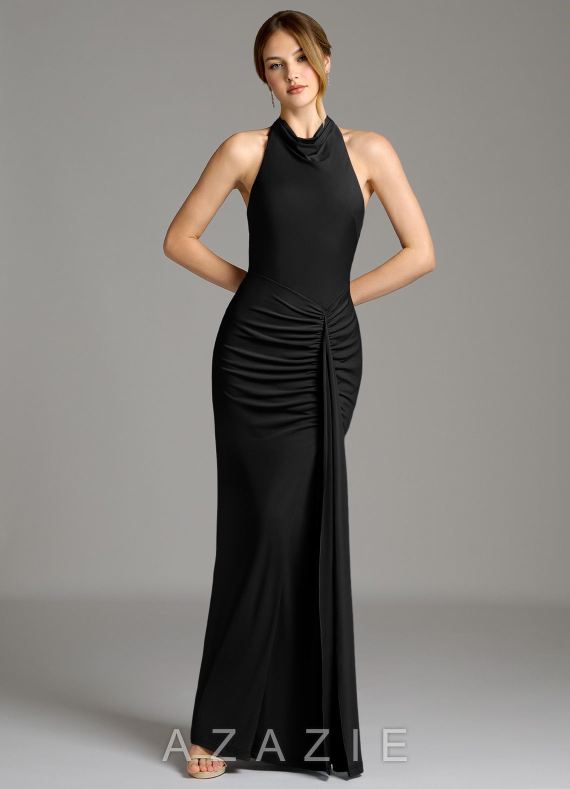 Azazie Raevynn Black Mermaid Pleated Premium Stretch Jersey Dress black