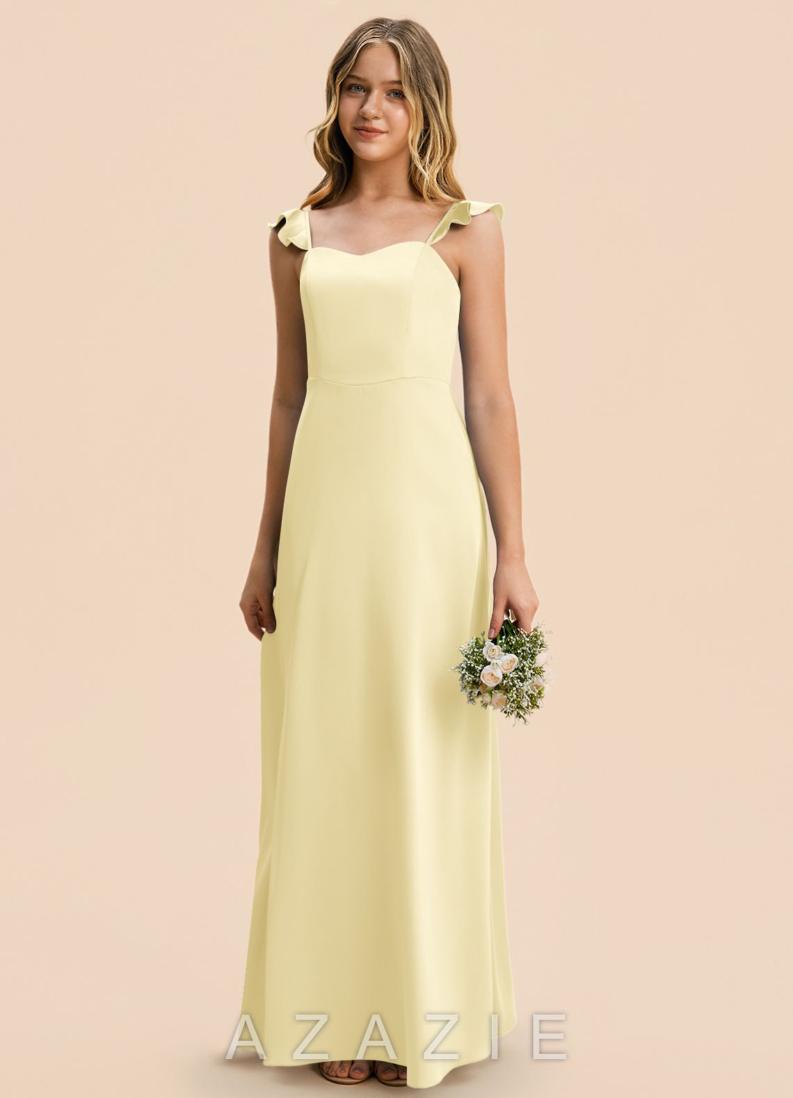 Azazie Mavie Junior Lemon Sorbet A-Line Ruched Stretch Satin Dress lemon_sorbet