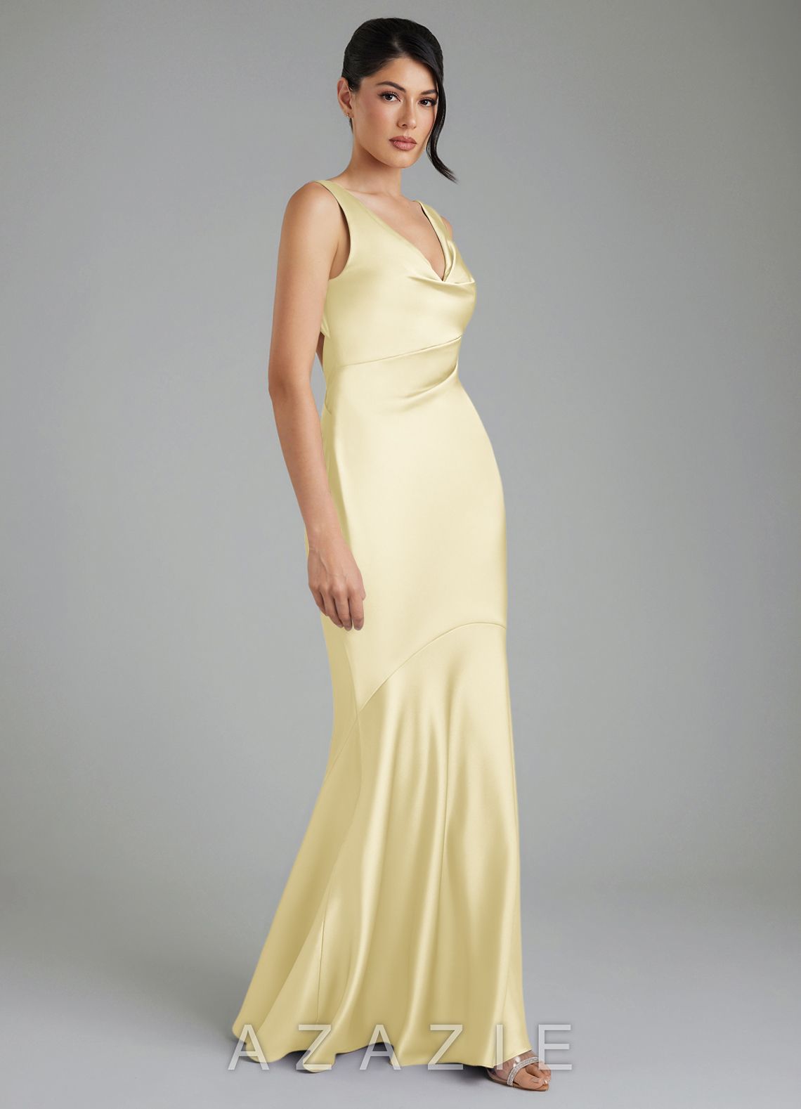Azazie Monica Lemon Sorbet Mermaid Pleated Stretch Satin Dress lemon_sorbet