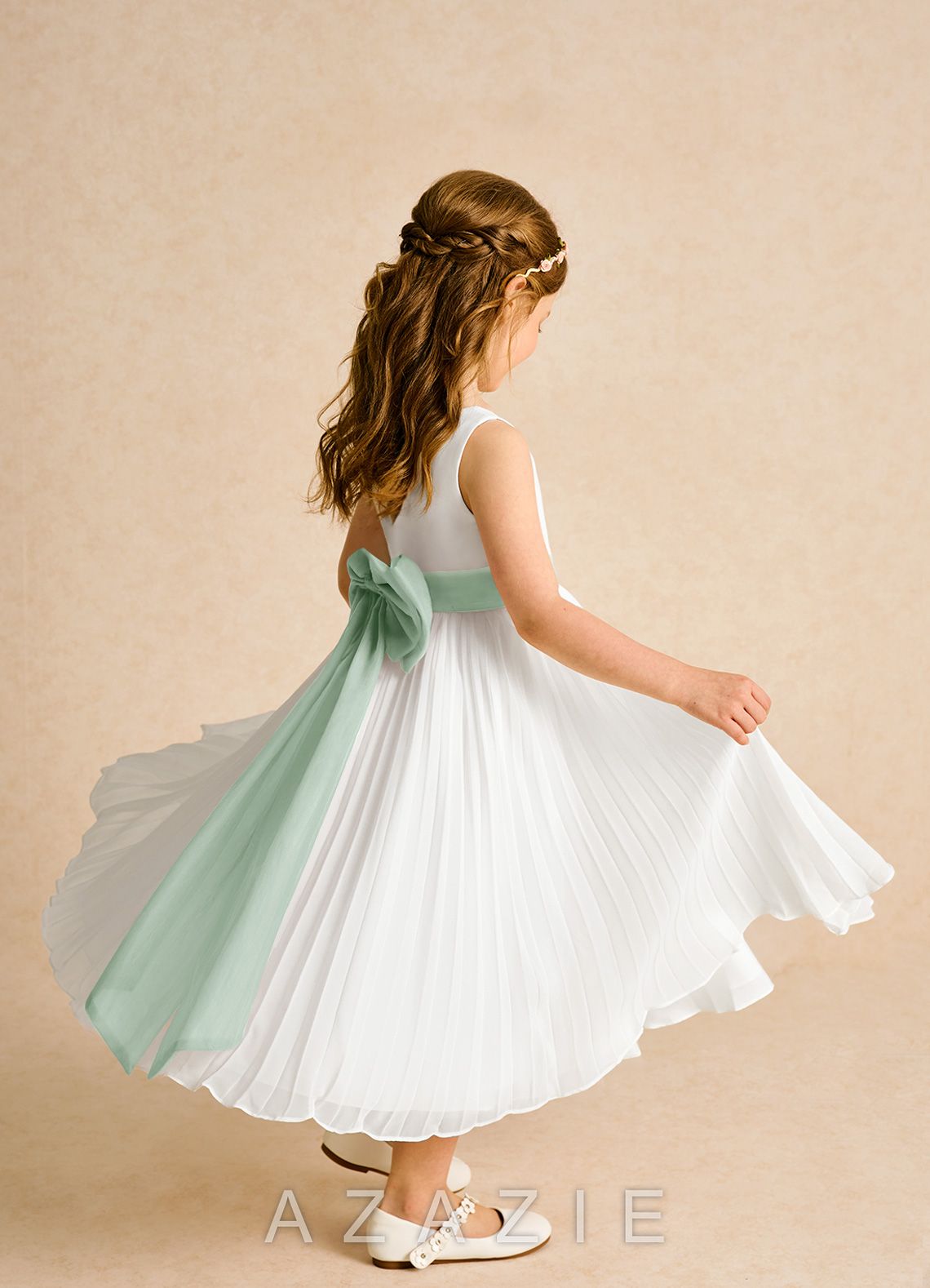 Azazie Margot Ivory Agave A-Line Pleated Chiffon Dress ivory/agave