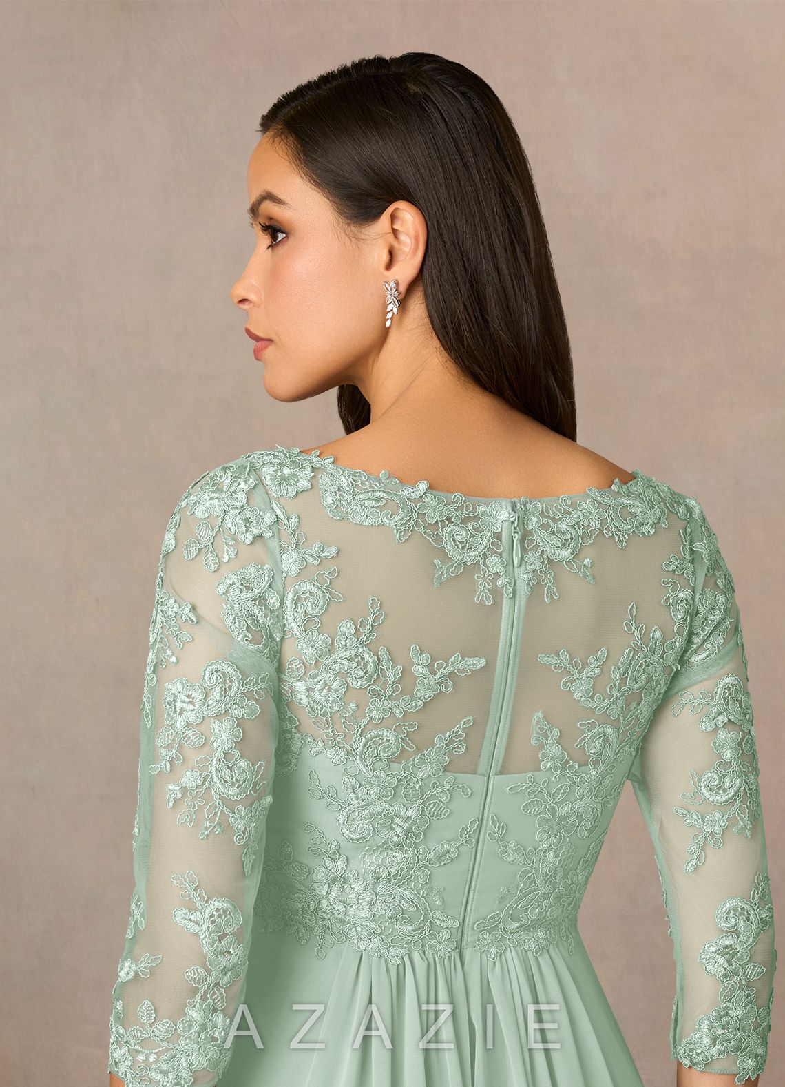 Azazie Hayek Agave A-Line V-Neck Lace Chiffon Dress agave