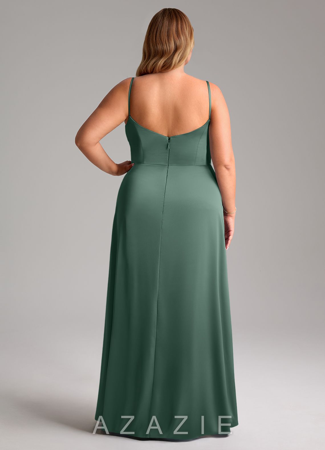 Azazie Azuree Eucalyptus A-Line Pleated Stretch Satin Dress eucalyptus