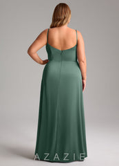 Azazie Azuree Eucalyptus A-Line Pleated Stretch Satin Dress eucalyptus