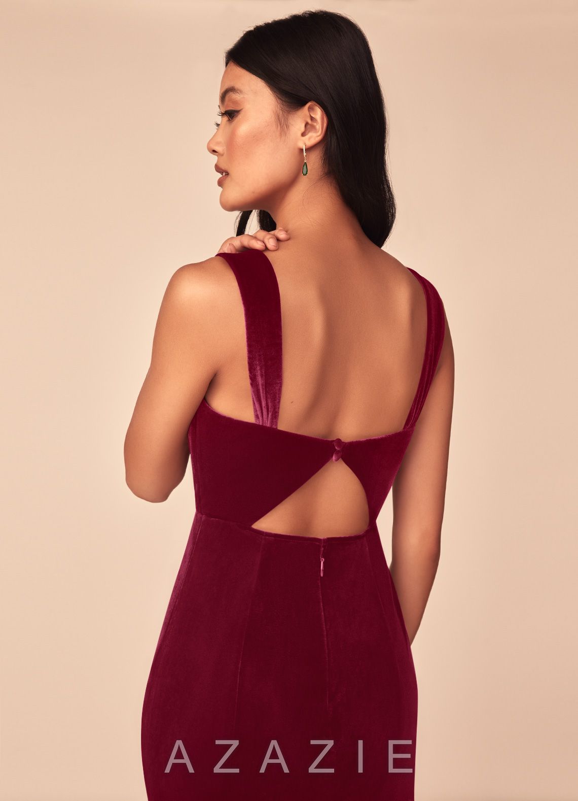 Azazie Lanessa Burgundy Mermaid V-Neck Keyhole Back Velvet Dress burgundy
