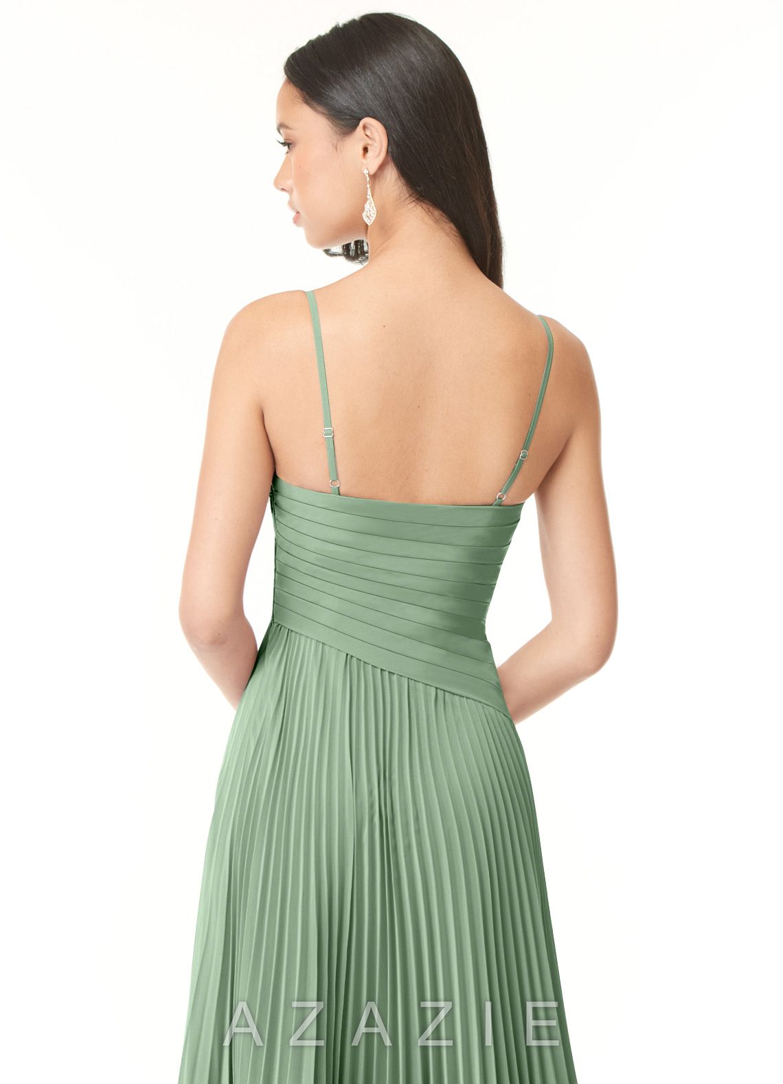 Azazie Vini Matcha A-Line V-Neck Pleated Chiffon Dress matcha
