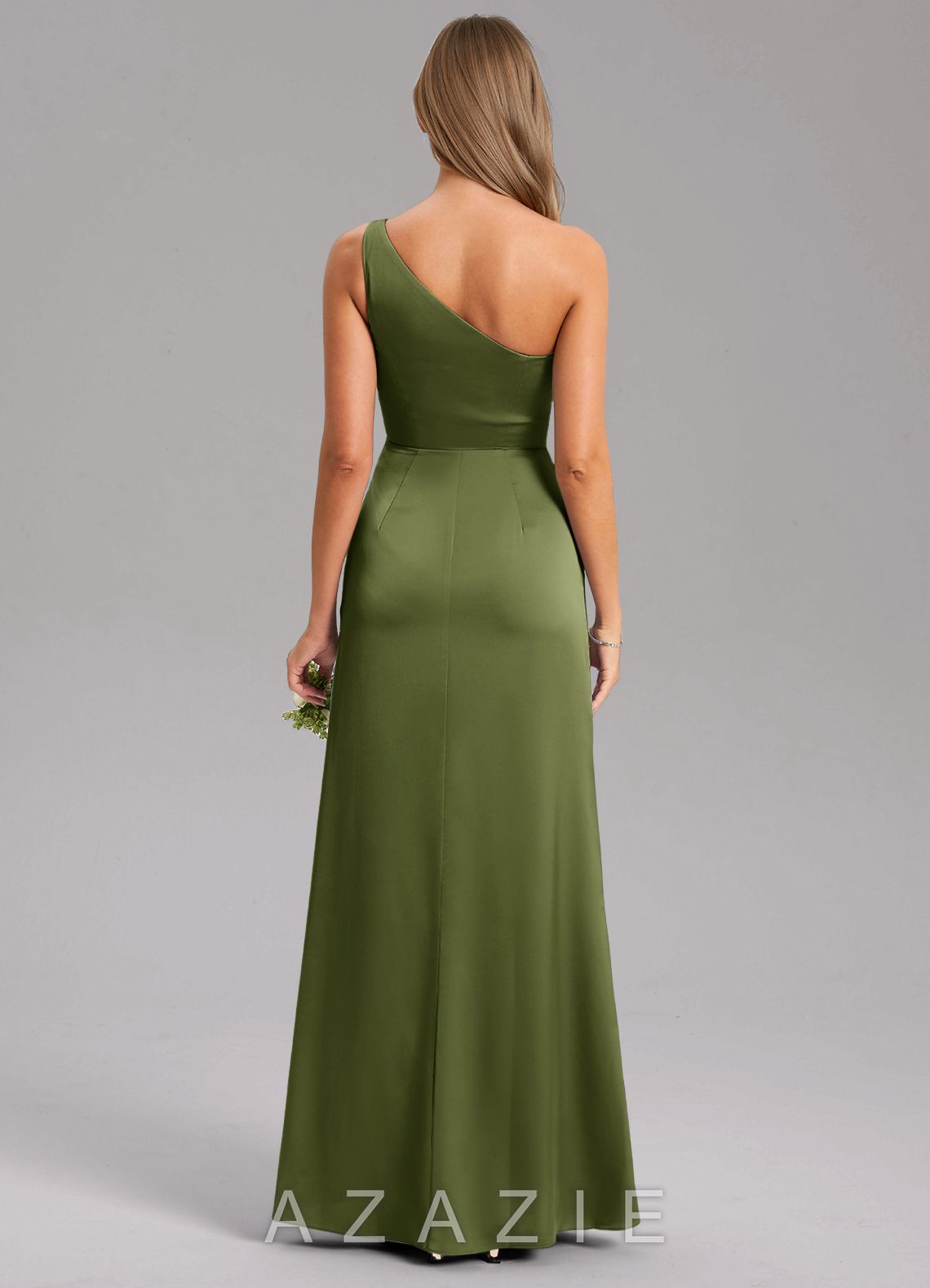 Azazie Phaedra Olive A-Line One Shoulder Stretch Satin Dress olive