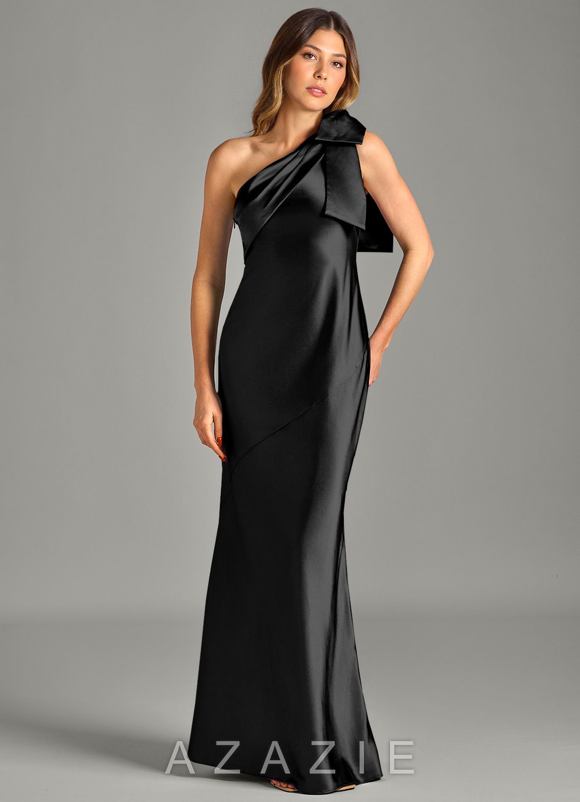 Azazie Yuanna Black Mermaid One Shoulder Metallic Satin Dress black