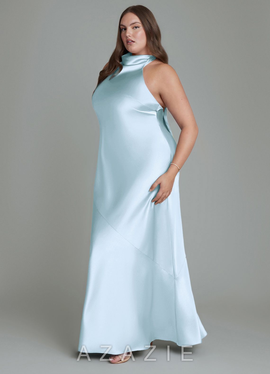 Azazie Velli Sky Blue Sheath High Neck Metallic Satin Dress sky_blue