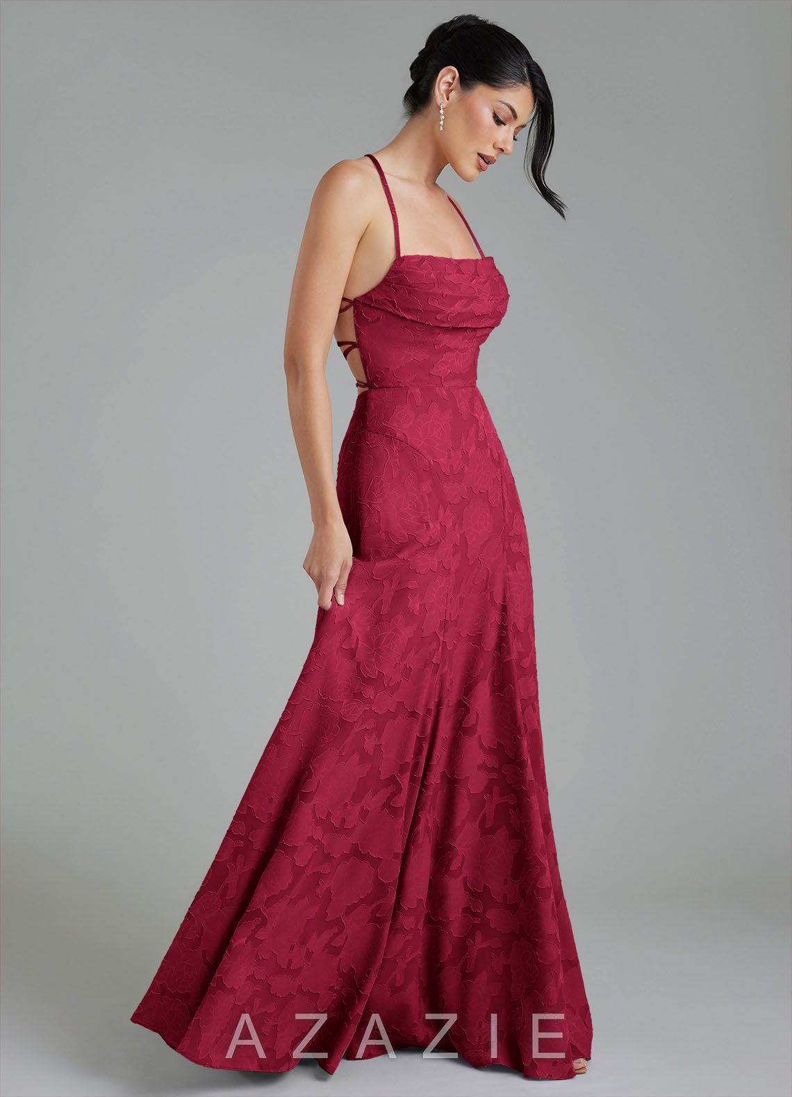 Azazie Tatum Burgundy A-Line Corset Floral Burnout Dress burgundy