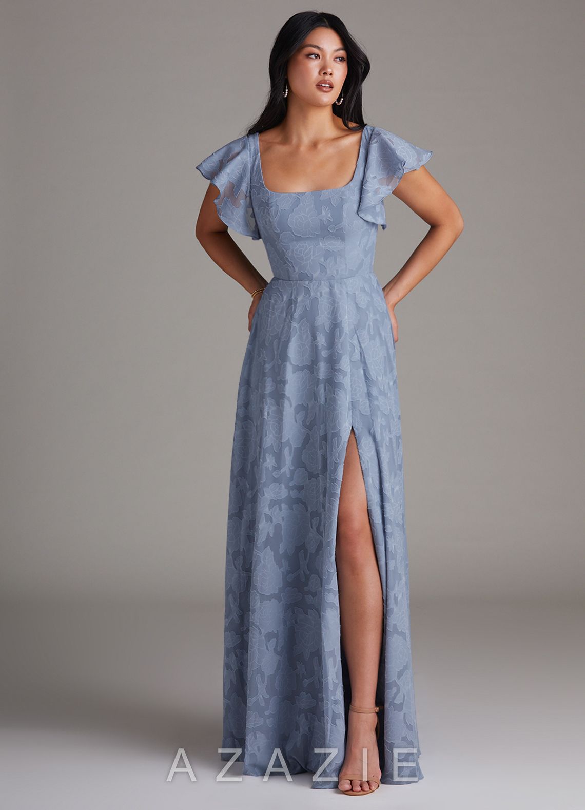Azazie Bondi Dusty Blue A-Line Side Slit Floral Burnout Dress dusty_blue