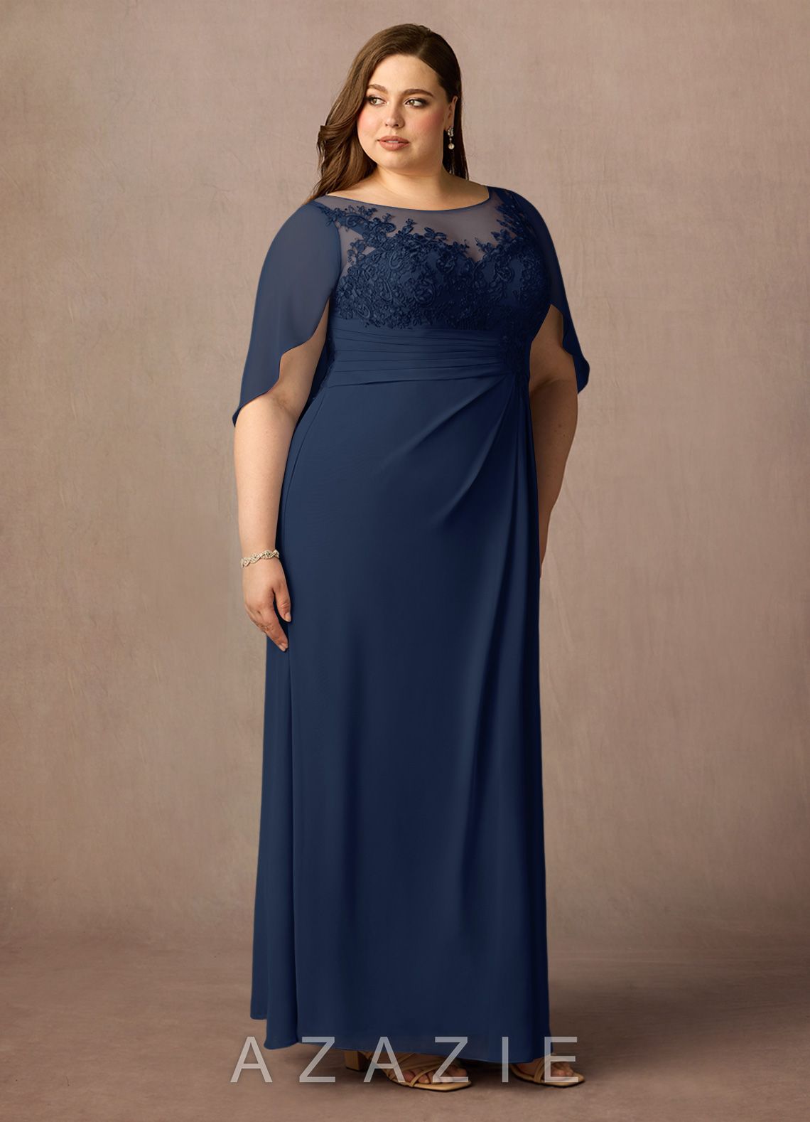 Azazie Hera Dark Navy A-Line Lace Capelet Chiffon Dress dark_navy