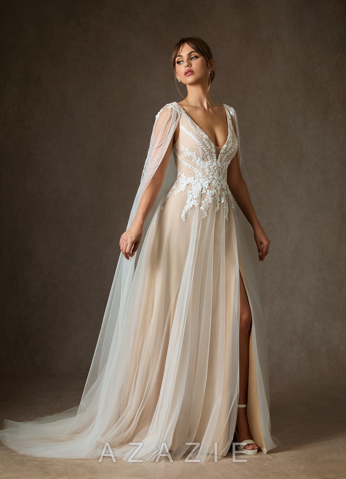 Azazie Goddess Wedding Dress Diamond White Champagne A-Line V-Neck Sequins Tulle Dress diamond_white/champagne