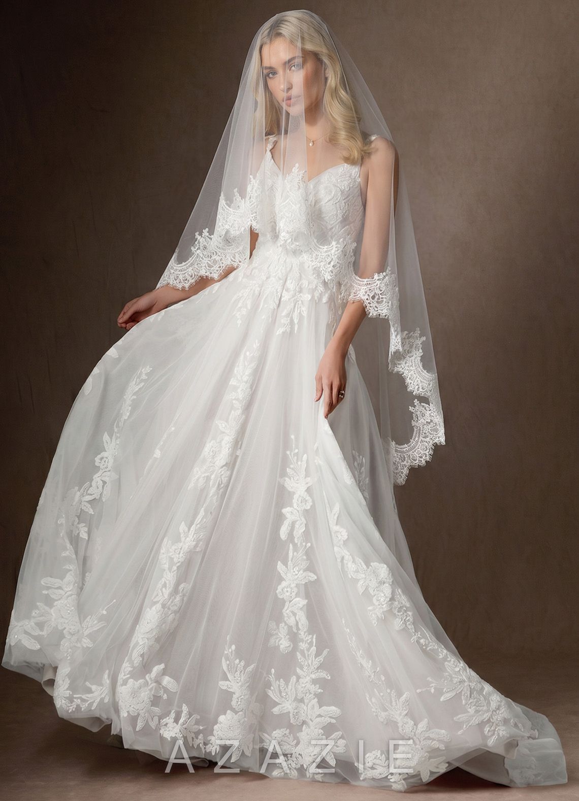 Floral Lace Edge Two Tier Fingertip Wedding Veil with Blusher  diamond_white