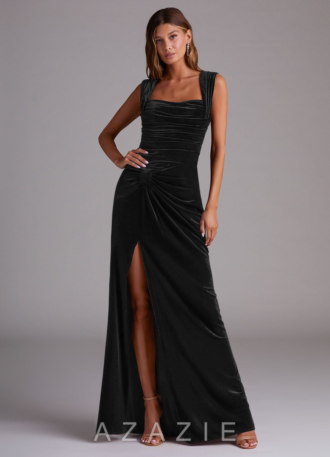 Azazie Genesis Black Sheath Pleated Velvet Dress