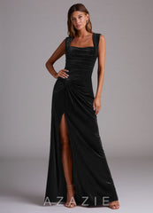 Azazie Genesis Black Sheath Pleated Velvet Dress