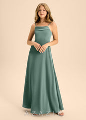 Azazie Anselie Junior Eucalyptus A-Line Off the Shoulder Stretch Satin Dress eucalyptus
