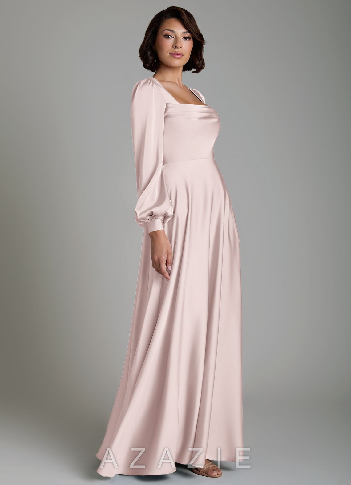 Azazie Solana Blushing Pink A-Line Long Sleeve Stretch Satin Dress blushing_pink