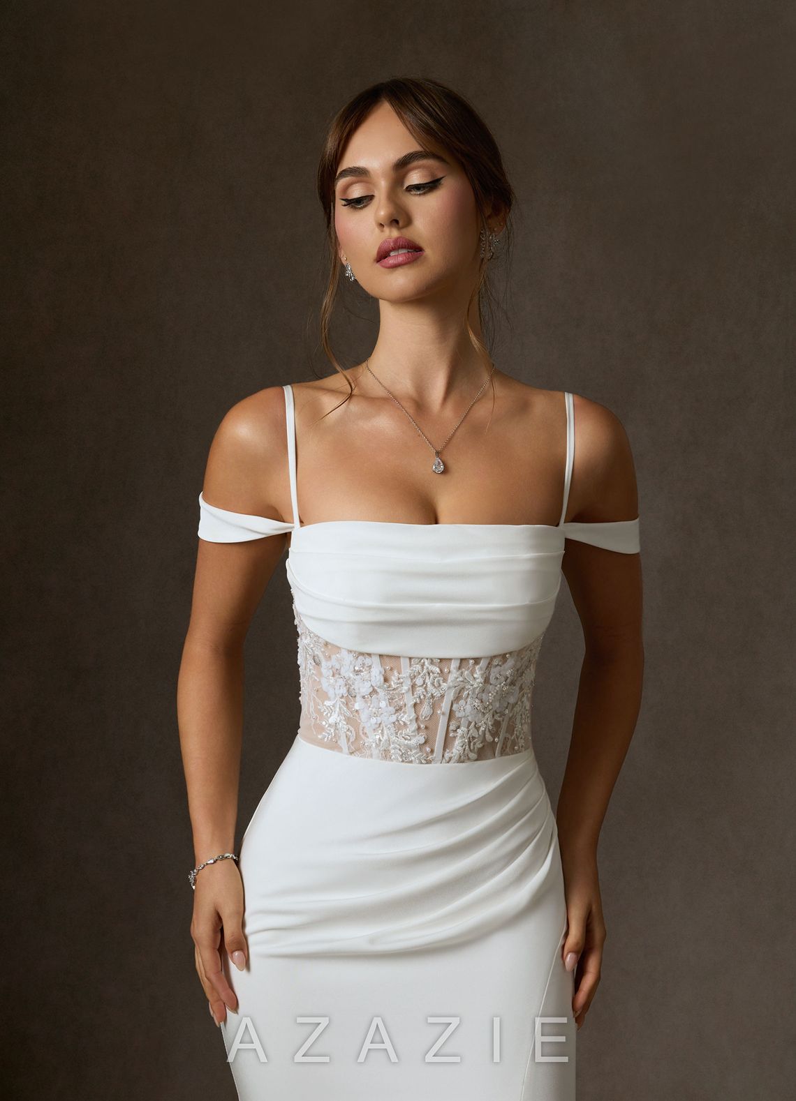 Azazie Alyce Diamond White Nude Mermaid Off the Shoulder Crepe Back Satin Dress