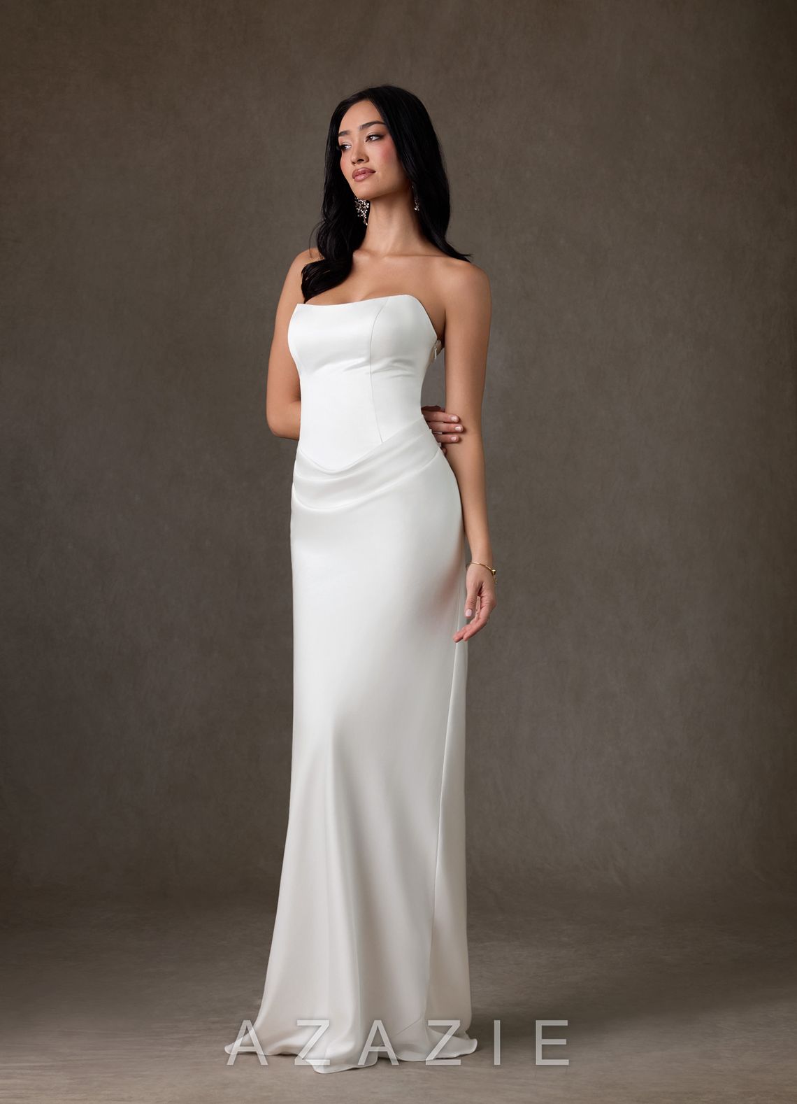 Azazie Samantha Diamond White Sheath Strapless Stretch Satin Dress