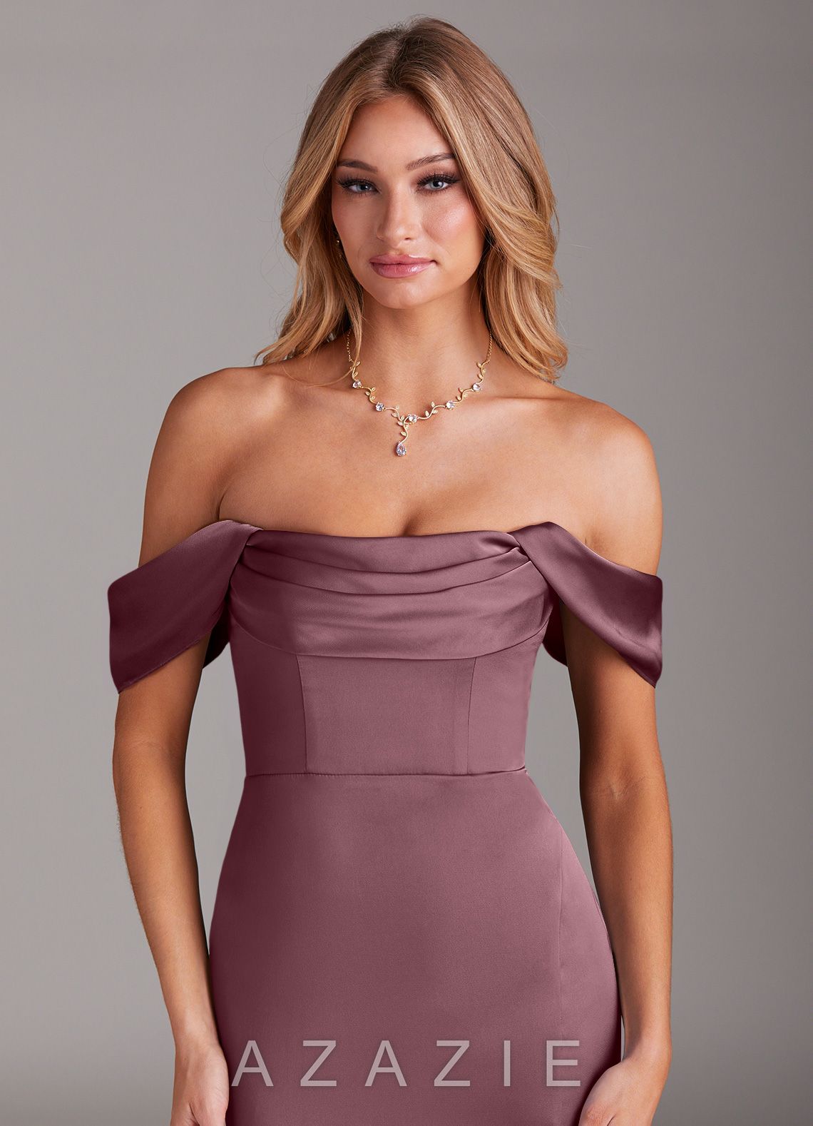 Azazie Saige Amethyst Sheath Off the Shoulder Stretch Satin Dress amethyst