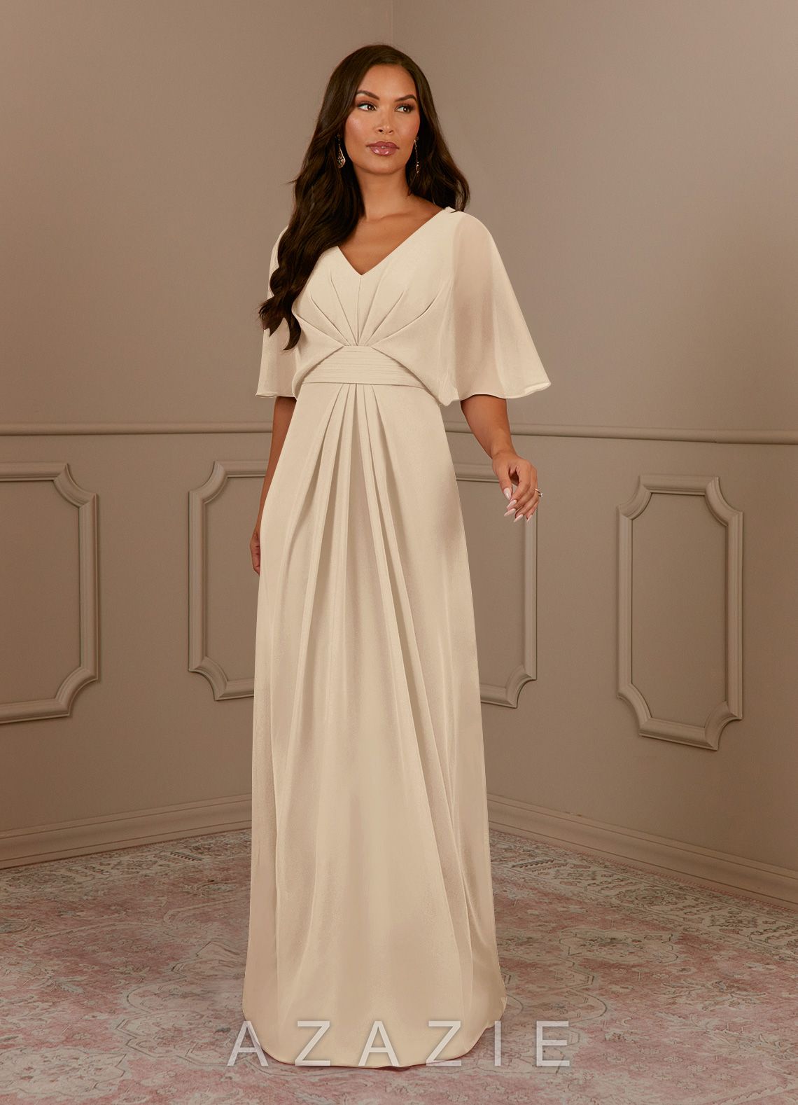 Azazie Oksana Champagne A-Line V-Neck Pleated Chiffon Dress champagne