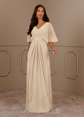 Azazie Oksana Champagne A-Line V-Neck Pleated Chiffon Dress champagne