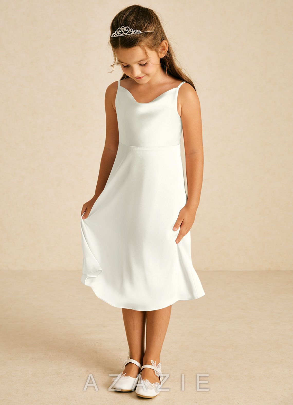 Azazie Zuzu Ivory A-Line Spaghetti Strap Stretch Satin Dress ivory