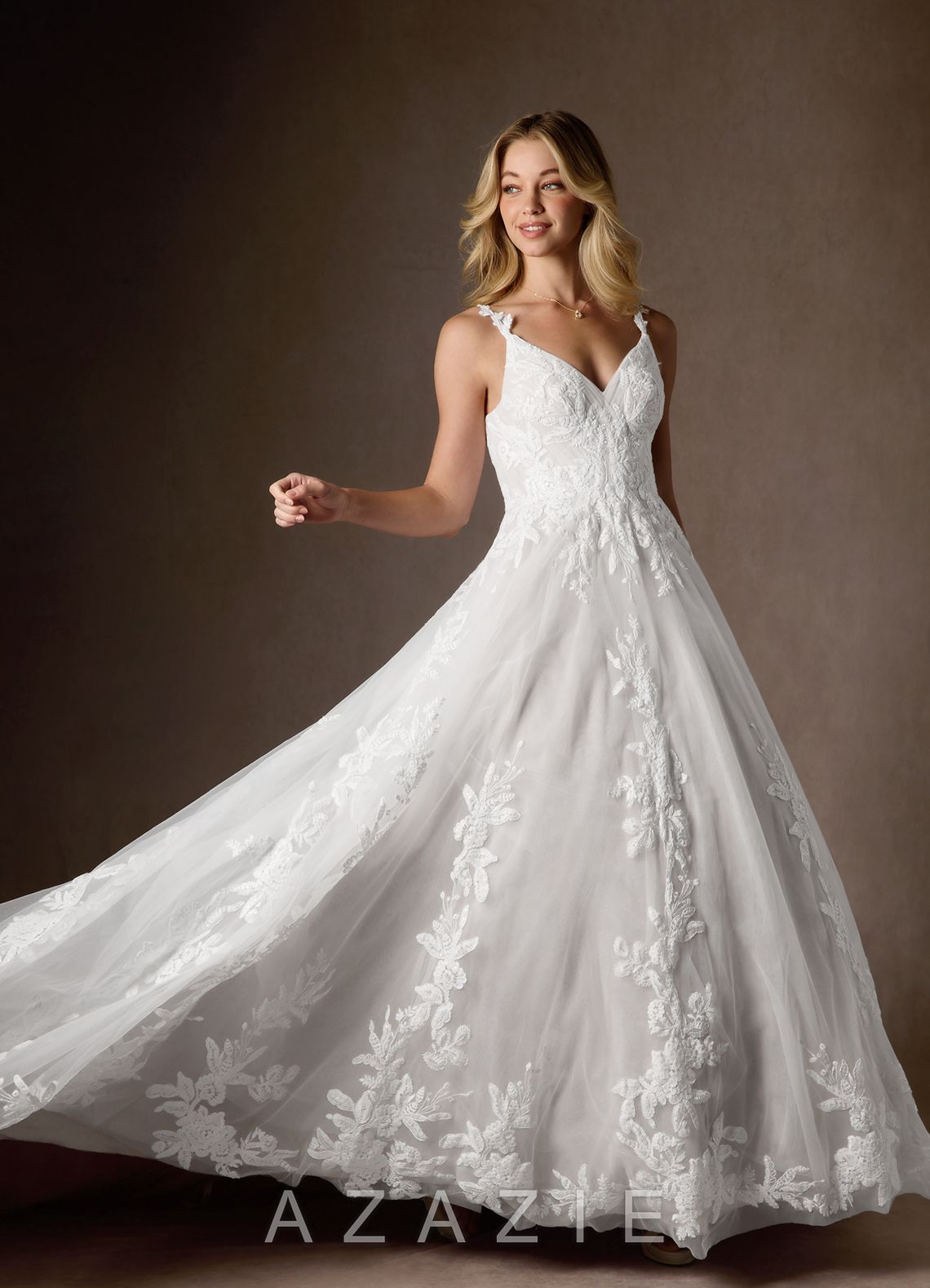 Azazie Delaina Wedding Dress Diamond White A-Line V-Neck Sequins Tulle Dress diamond_white