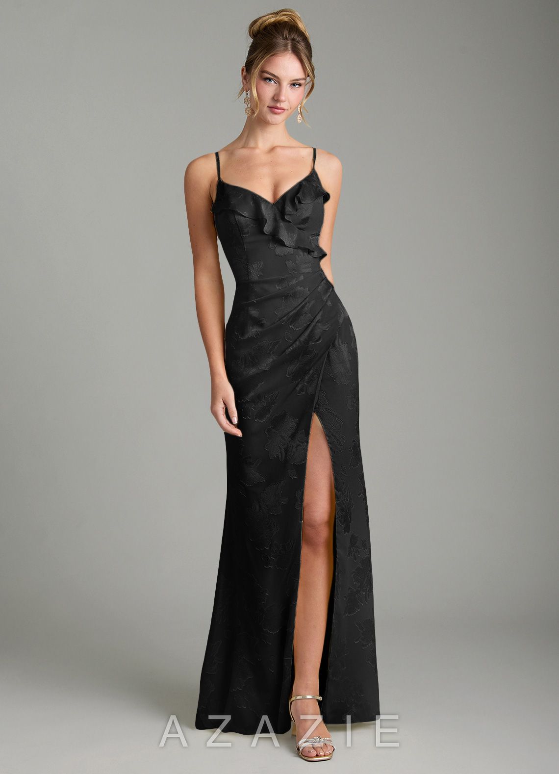 Azazie Larsa Black Mermaid Ruched Floral Jacquard Burnout Dress
